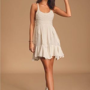 Free People Ivory Mesh Embroidered Ruffled Mini Dress